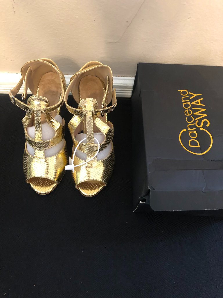 Danceandsway Gold Metallic Snakeskin Caged Salsa Dance Heels Size 6.5 Nib — image 4 of 7